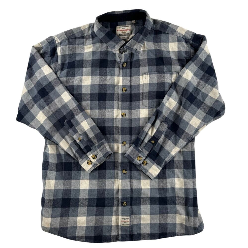 Buckhorn River Mens Long Sleeve Plaid Flannel Shirt - Blue White - 2XL